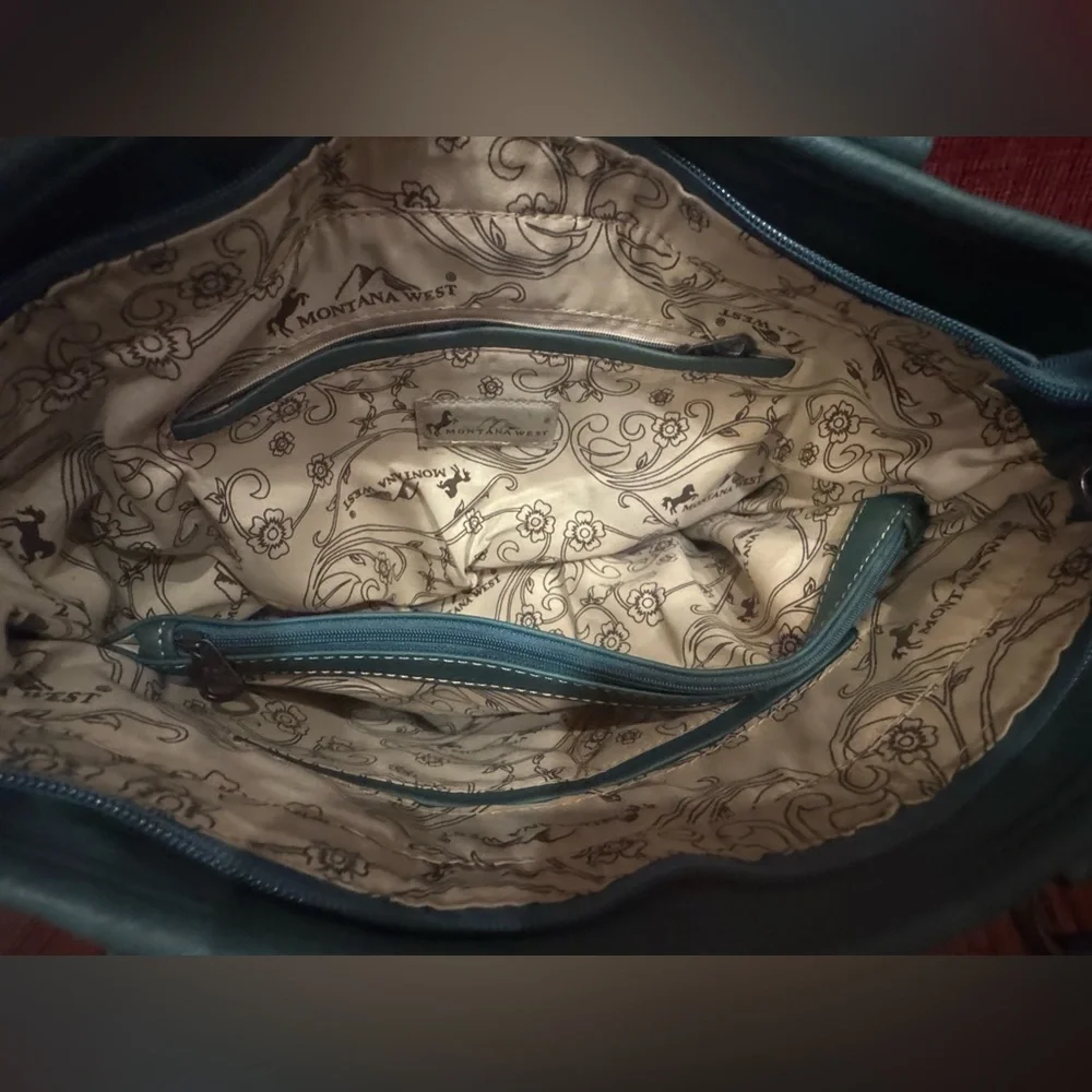 Montana West Buckle Shoulder Tote Purse Concealed Carry Rhinestones Black Blue - Picture 8 of 11